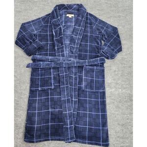 Tommy Bahama Robe Mens Small Medium Blue Plaid Belted Soft Fleece Wrap Pockets